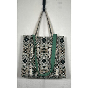 America & Beyond Jacquard Tote Bag Cream And Green Bead Embellishment Boho Chrty